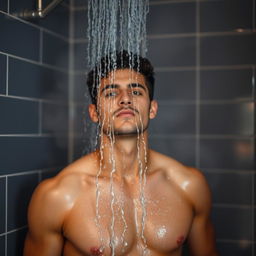 A handsome male taking a shower, water cascading down his toned physique, steam surrounding him, providing a cozy, intimate atmosphere