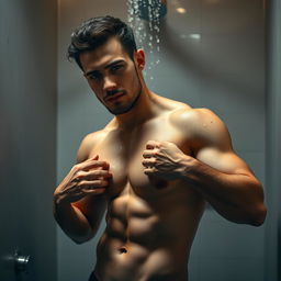 A handsome male posing confidently, water droplets on his toned physique after a shower