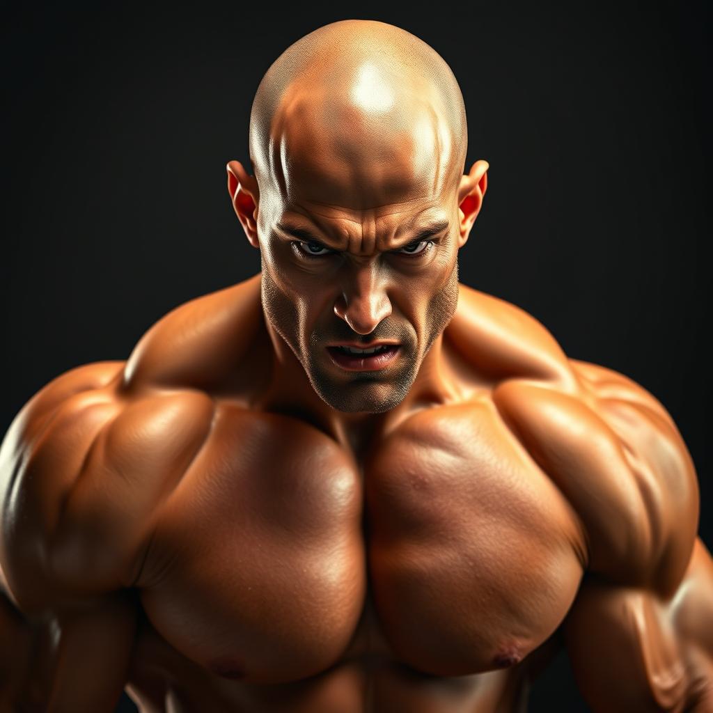 A strikingly hot bald man with a muscular physique, displaying an intense and fiery expression of anger