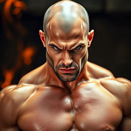 A strikingly hot bald man with a muscular physique, displaying an intense and fiery expression of anger