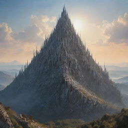 An enormous mountain created from a multitude of swords of all shapes and sizes, the steel glinting in the sunlight beneath a tranquil sky.