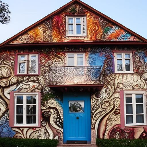 A breathtaking front view of a house with stunning, artistic paintwork