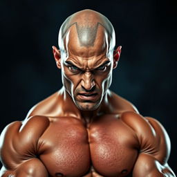 A strikingly hot bald man with a muscular physique, displaying an intense and fiery expression of anger