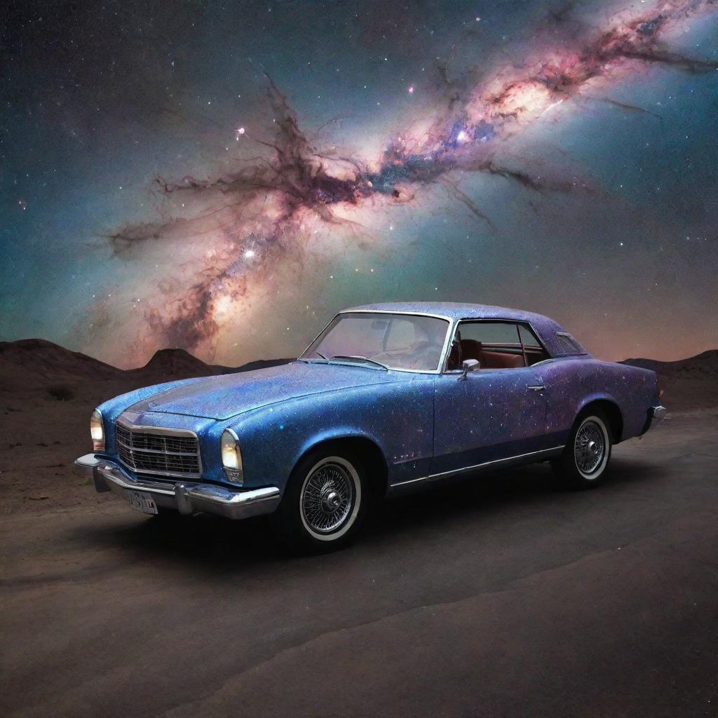 A majestic, fantastical car, crafted from stardust and nebulae, emanating a soft stellar glow, adorned with a price tag that displays a figure that transcends human comprehension