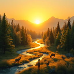 A serene landscape at sunrise, where the rising sun casts its golden rays on a forest of beautiful trees