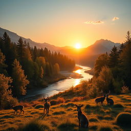 A serene landscape at sunrise, where the rising sun casts its golden rays on a forest of beautiful trees