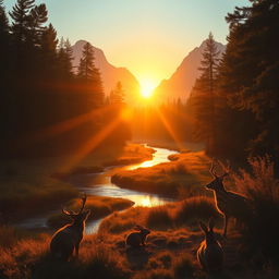 A serene landscape at sunrise, where the rising sun casts its golden rays on a forest of beautiful trees