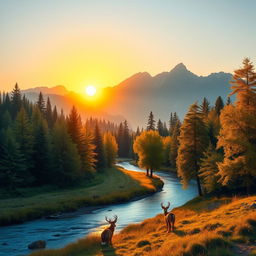 A serene landscape at sunrise, where the rising sun casts its golden rays on a forest of beautiful trees