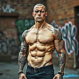 A muscular skinhead man standing confidently, showcasing his strength and tattoos