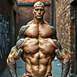 A muscular skinhead man standing confidently, showcasing his strength and tattoos