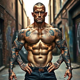 A muscular skinhead man standing confidently, showcasing his strength and tattoos