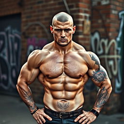 A muscular skinhead man standing confidently, showcasing his strength and tattoos