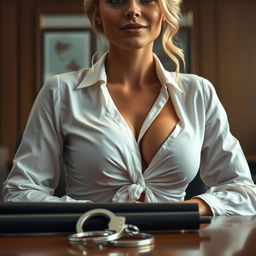 Extreme close-up focusing on the chest of a stunningly gorgeous female in an office setting