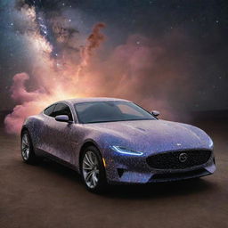 A majestic, fantastical car, crafted from stardust and nebulae, emanating a soft stellar glow, adorned with a price tag that displays a figure that transcends human comprehension