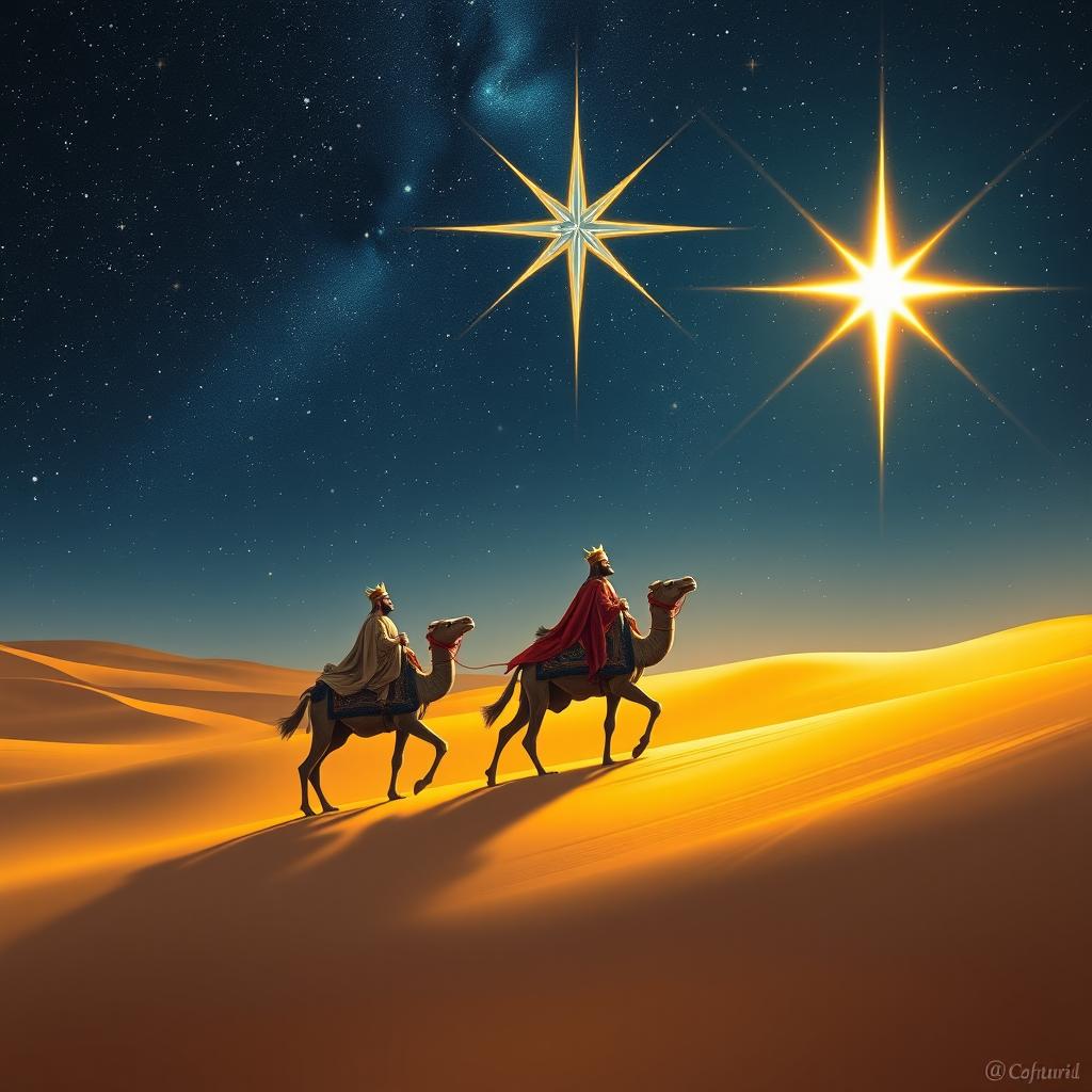 Three wise kings from the East, adorned in luxurious robes, traversing a vast desert landscape under a magnificent star-filled sky