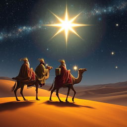 Three wise kings from the East, adorned in luxurious robes, traversing a vast desert landscape under a magnificent star-filled sky