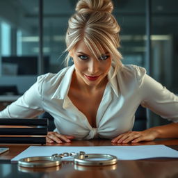 Extreme close-up focusing on the chest of a gorgeous female in an office setting