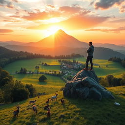 A picturesque landscape featuring a stunning sunrise over a distant mountain, illuminating a lush, green meadow with a charming village nestled within