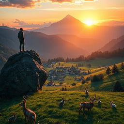 A picturesque landscape featuring a stunning sunrise over a distant mountain, illuminating a lush, green meadow with a charming village nestled within