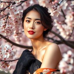 a beautiful Japanese woman posing gracefully, surrounded by cherry blossoms, exuding a sense of calm and serenity, her skin is radiant and glowing under the soft, warm light, reflecting the elegance and beauty of traditional Japanese aesthetics