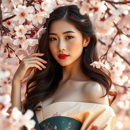 a beautiful Japanese woman posing gracefully, surrounded by cherry blossoms, exuding a sense of calm and serenity, her skin is radiant and glowing under the soft, warm light, reflecting the elegance and beauty of traditional Japanese aesthetics