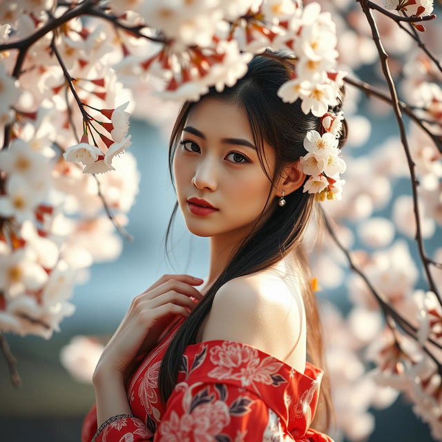 a beautiful Japanese woman posing gracefully, surrounded by cherry blossoms, exuding a sense of calm and serenity, her skin is radiant and glowing under the soft, warm light, reflecting the elegance and beauty of traditional Japanese aesthetics