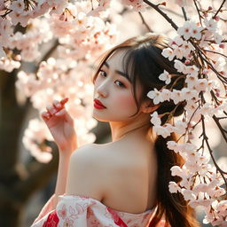 a beautiful Japanese woman posing gracefully, surrounded by cherry blossoms, exuding a sense of calm and serenity, her skin is radiant and glowing under the soft, warm light, reflecting the elegance and beauty of traditional Japanese aesthetics