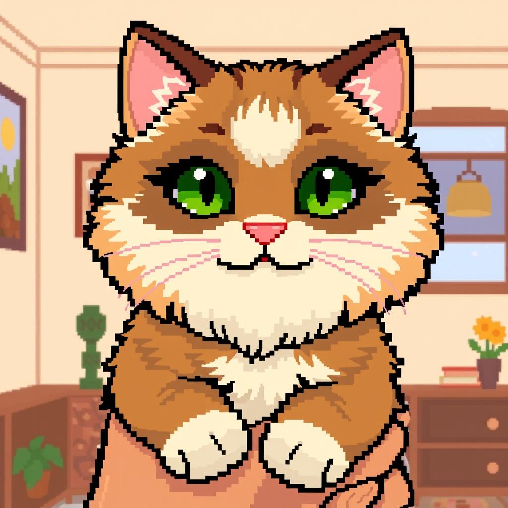 8-bit pixel art of a fluffy cat with green eyes and a pink nose, being held. The room interior is a simple background.