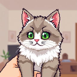 8-bit pixel art of a fluffy cat with green eyes and a pink nose, being held. The room interior is a simple background.