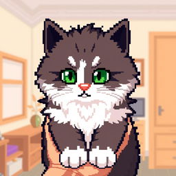 8-bit pixel art of a fluffy cat with green eyes and a pink nose, being held. The room interior is a simple background.