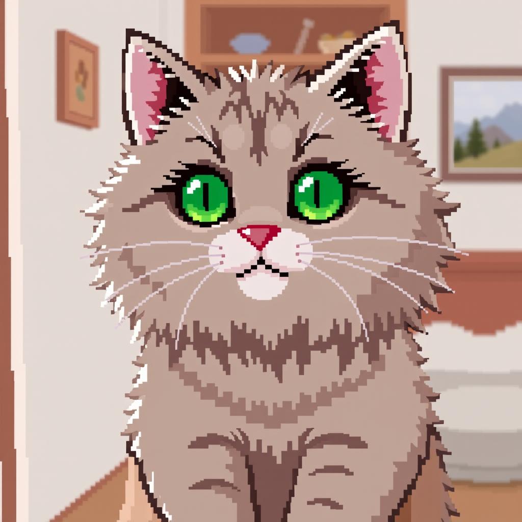 8-bit pixel art of a fluffy cat with green eyes and a pink nose, being held. The room interior is a simple background.