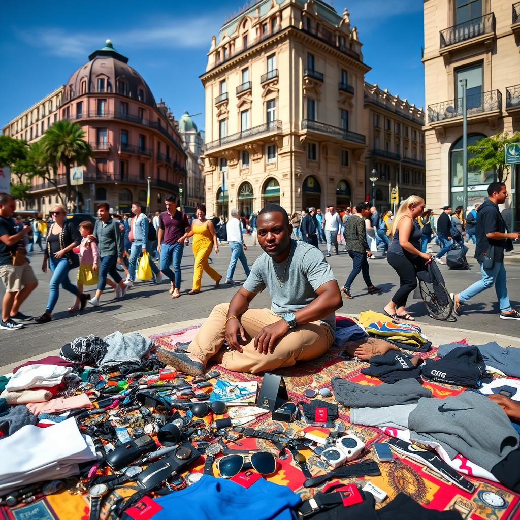 A street vendor in Madrid, known as a "mantero", displaying a variety of goods on a colorful blanket laid out on a bustling city street