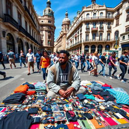 A street vendor in Madrid, known as a "mantero", displaying a variety of goods on a colorful blanket laid out on a bustling city street