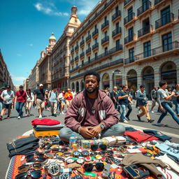 A street vendor in Madrid, known as a "mantero", displaying a variety of goods on a colorful blanket laid out on a bustling city street