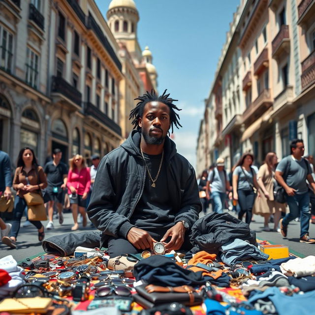 A street vendor in Madrid, known as a "mantero", displaying a variety of goods on a colorful blanket laid out on a bustling city street