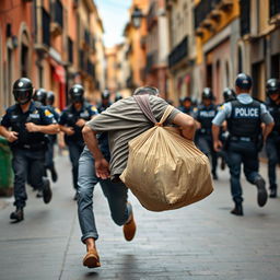 A street vendor in Spain with a dynamic scene of him running away from the police, a large bag slung over his back