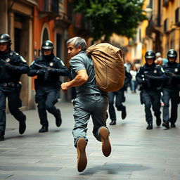 A street vendor in Spain with a dynamic scene of him running away from the police, a large bag slung over his back