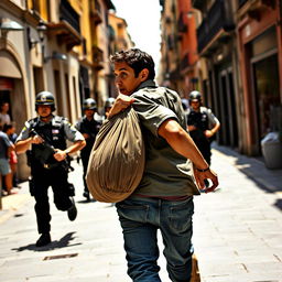 A street vendor in Spain with a dynamic scene of him running away from the police, a large bag slung over his back