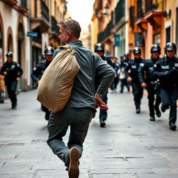 A street vendor in Spain with a dynamic scene of him running away from the police, a large bag slung over his back