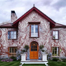 A breathtaking front view of a house with stunning, artistic paintwork