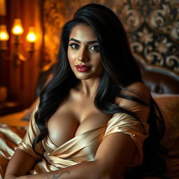 A sensuous and alluring Indian woman with big breasts, reclining on a luxurious bed