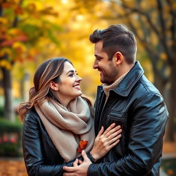 A loving couple sharing a warm embrace in a beautiful park during autumn, surrounded by colorful falling leaves