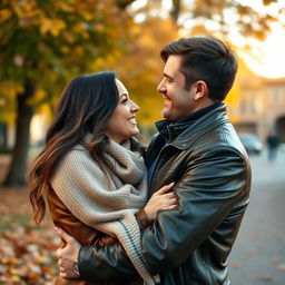 A loving couple sharing a warm embrace in a beautiful park during autumn, surrounded by colorful falling leaves