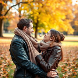 A loving couple sharing a warm embrace in a beautiful park during autumn, surrounded by colorful falling leaves