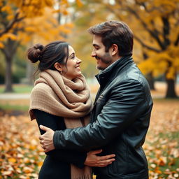 A loving couple sharing a warm embrace in a beautiful park during autumn, surrounded by colorful falling leaves