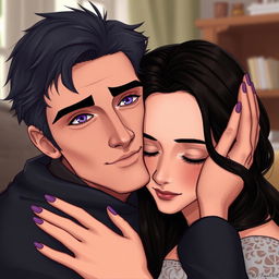 A man with violet eyes embracing a woman with dark hair tenderly, their expressions filled with love and affection