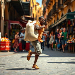 A dynamic scene of a black street vendor in Spain, sprinting with a large sack on his back