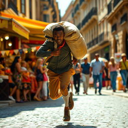 A dynamic scene of a black street vendor in Spain, sprinting with a large sack on his back