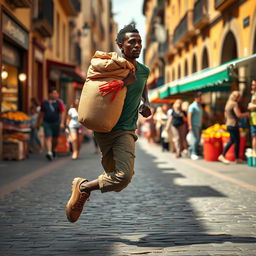 A dynamic scene of a black street vendor in Spain, sprinting with a large sack on his back