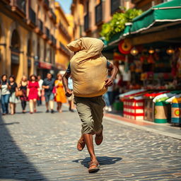 A dynamic scene of a black street vendor in Spain, sprinting with a large sack on his back